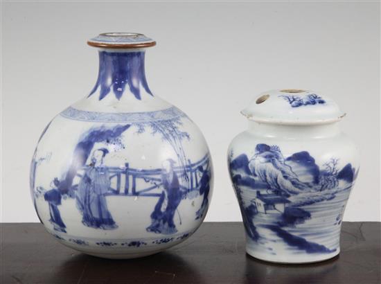 A Chinese blue and white huqqa base and a similar opium pipe base, Kangxi period, 12cm., rim chips